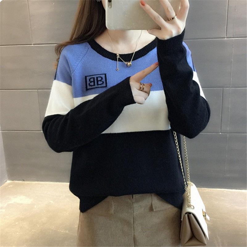 Autumn Winter Loose Short Sweater Fashion Knit Sweater Color Matching Women's Round Neck Bottoming Shirt Top