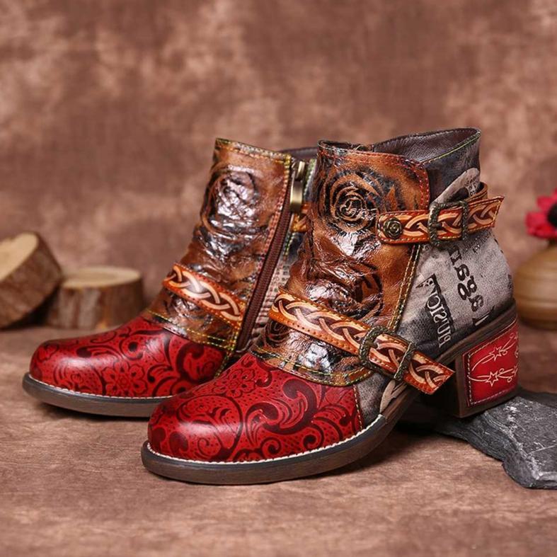Autumn Winter Women Round Toe Boots Snake Printing Zipper Footwear Ethnic Leather Martin Boots