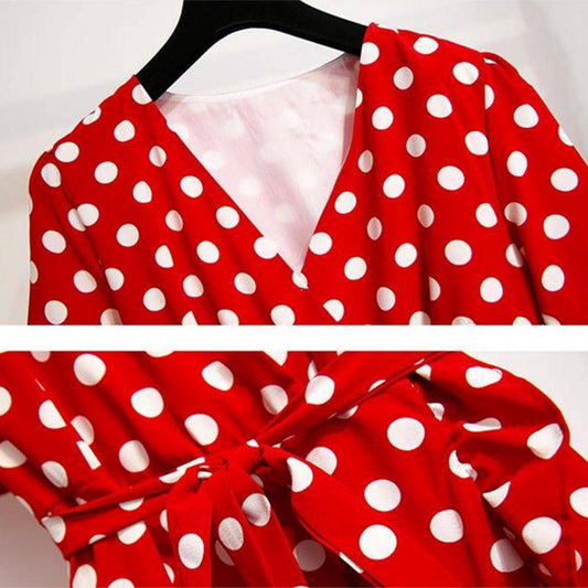 Summer Dress Plus Size Female Chiffon Dress V-neck Red Polka Dot Dress Pleated Ruffle Dress
