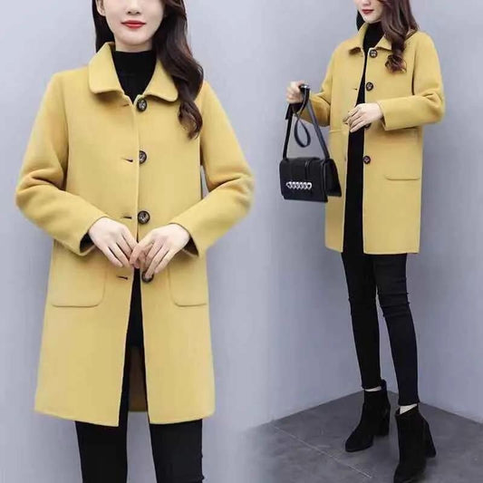 Fashion Lapel Mid-length Winter Women's Woolen Coat Korean Casual Coat Solid Color Button Coat