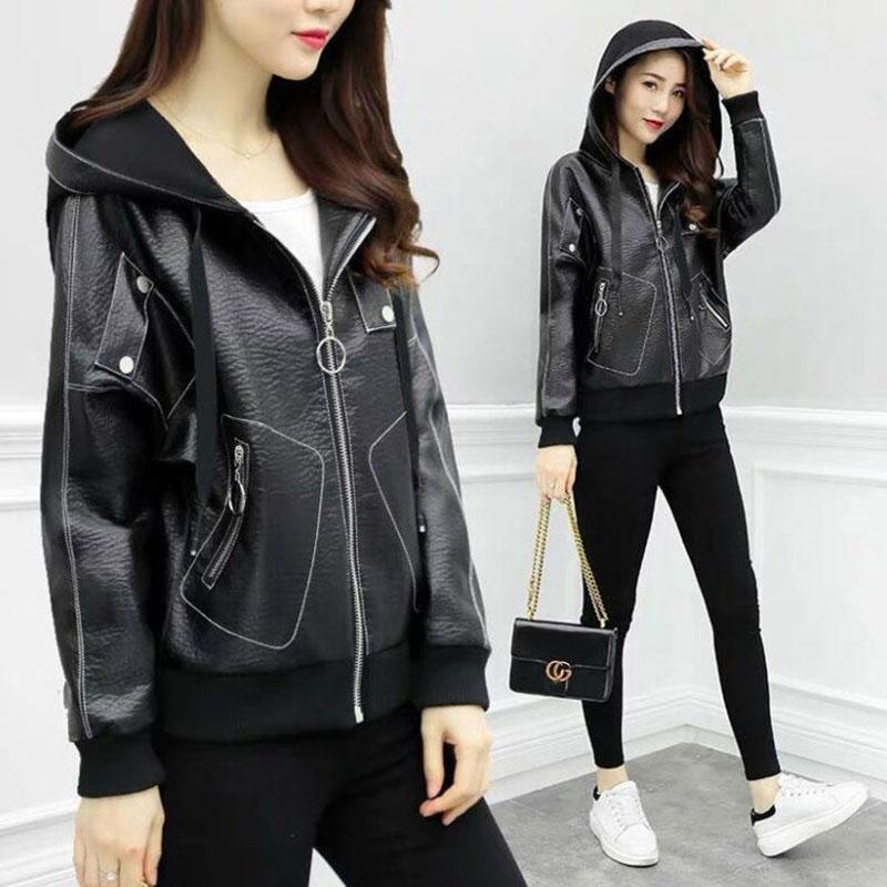 Autumn and Winter PU Leather Jacket Korean Style Wild Loose Plus Fleece Jacket Short Large Size Leather Jacket for Women