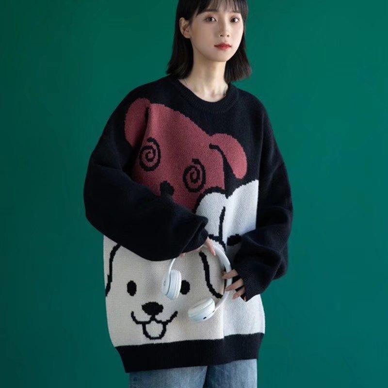 Cartoon Dog Sweater Women Men Couple Clothes Winter Thickening Loose Streetwear Long Sleeve Knit Sweaters Pullover Oversize Casual