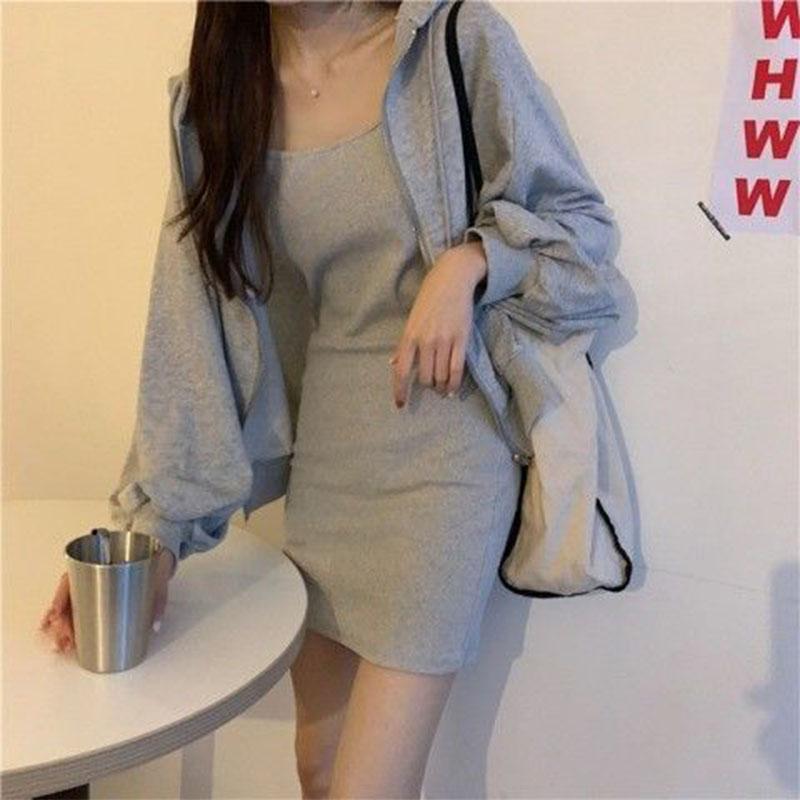 2PCS Women's Casual Solid Color Suit Spring and Summer Sling Dress + Cardigan Jacket Two-piece Ladies Sexy Hooded Sweater Skirt Set