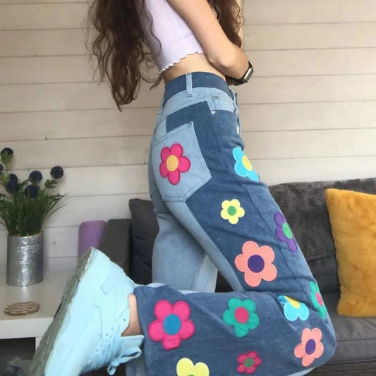 European and American Flower Pattern Jeans Women's High Waist Slim Slim Fashion Casual All-match Trousers Women's Trend