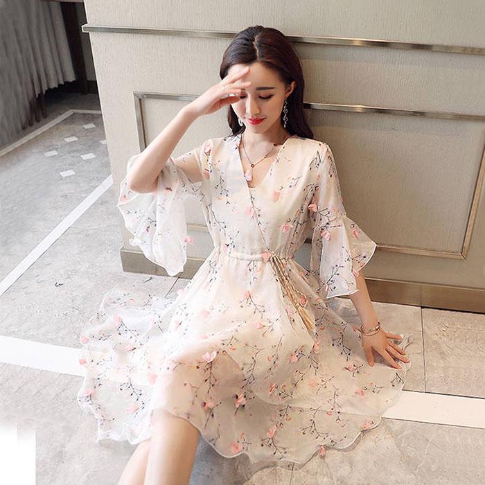 Pofulove S-4XL Women Summer High-end Floral Chiffon Dress Slim Thin Long V-neck A-line Beach Dress