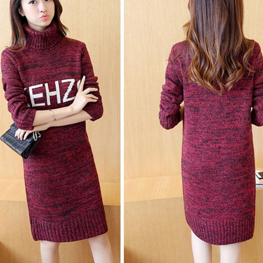 Autumn and Winter Korean Letter Sweater Skirt Thick Bottoming Shirt Mid-length Turtleneck Loose Pullover Sweater Women