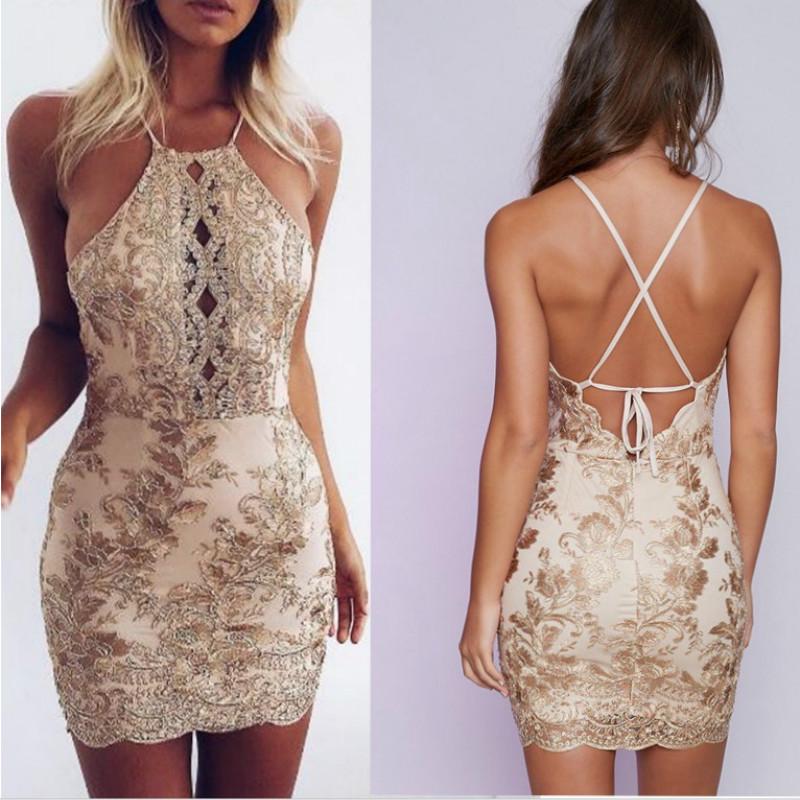 Spring and Summer Popular Fashion Women's Wear Gold Thread Embroidery Lace Dew Back Sexy Dress