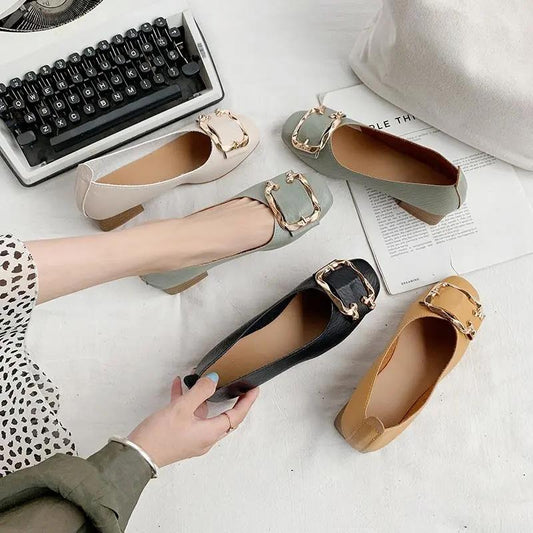 Breathable Casual Shoes Fairy Single Shoes Spring and Autumn Pumps Mid-heel Thick Heel Summer Beanie Shoes Leather Shoes Mother Shoes