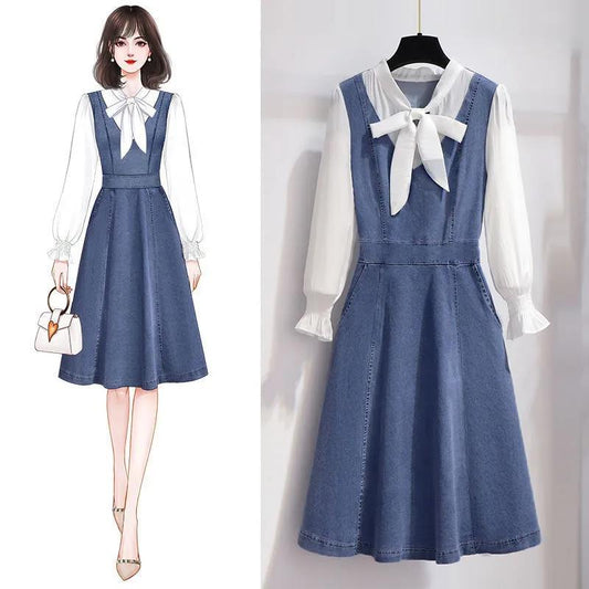Spring and Autumn Denim Dress Women's Age Reduction Puff Sleeve Dress Party