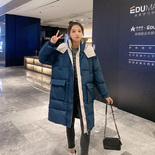 Mid-length Padded Jacket Women Korean Style Stand-up Collar Hooded Padded Jacket Loose Student Padded Winter Jacket