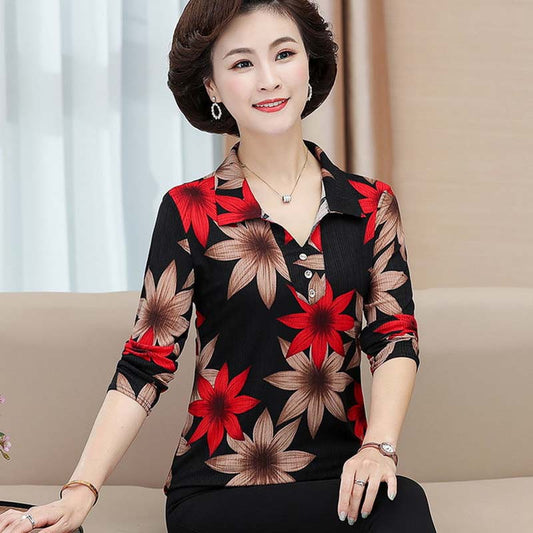 Middle-aged and Elderly Women's Middle-aged and Elderly Women's V-neck Printed Top