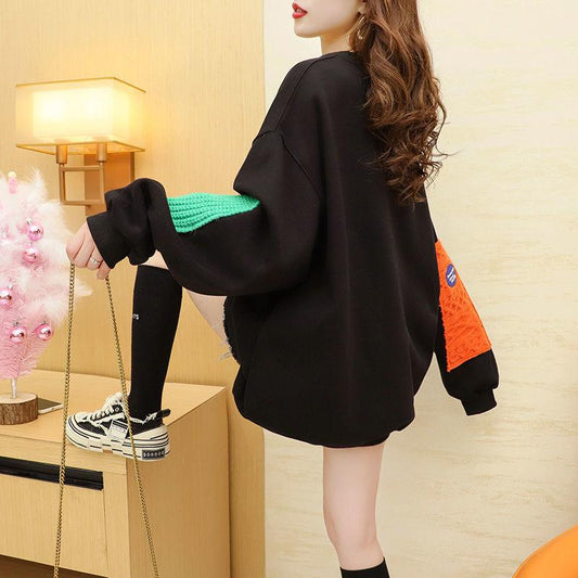 Middle Long Female Hooded Sweater Plus Velvet Thick Korean Coat Loose Wild Fashion Street Top