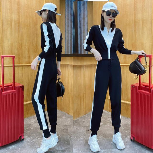 2pcs/set Autumn Winter Causal Sportwear Set Women's Color-blocking Knitted Sports Suit Short Knit Cardigan Jacket + Pants 2piece Set Sports Suit