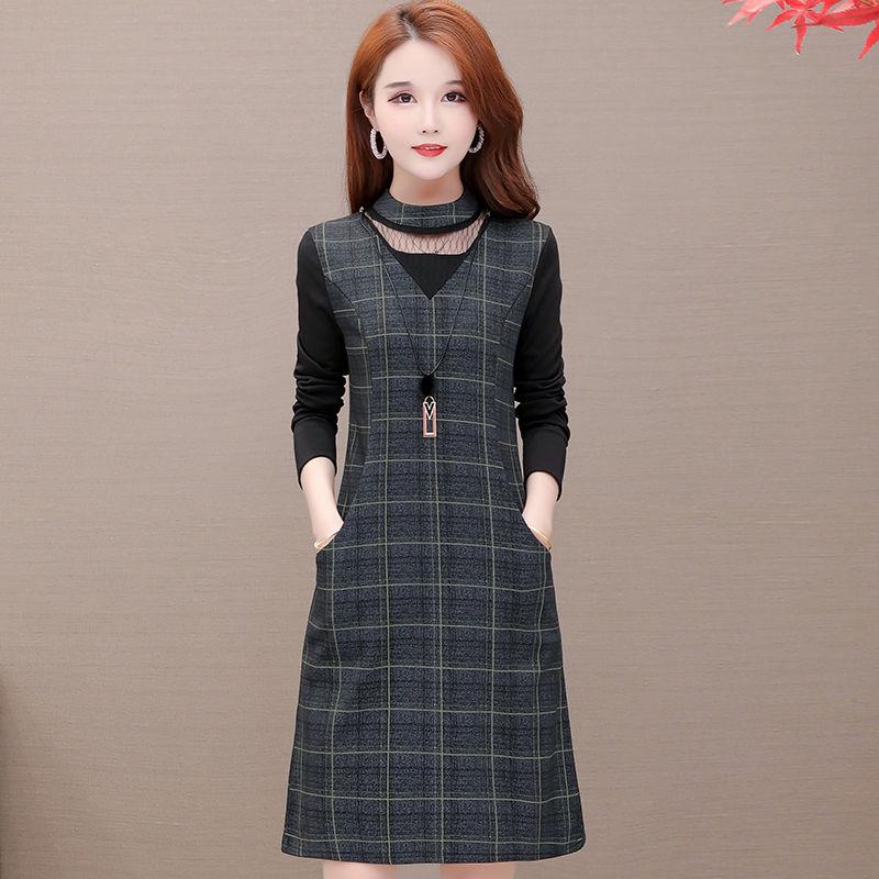 Women's Spring and Autumn Plus Size Dress Waist Was Thin Skirt Fashion Plaid Long-sleeved Dress
