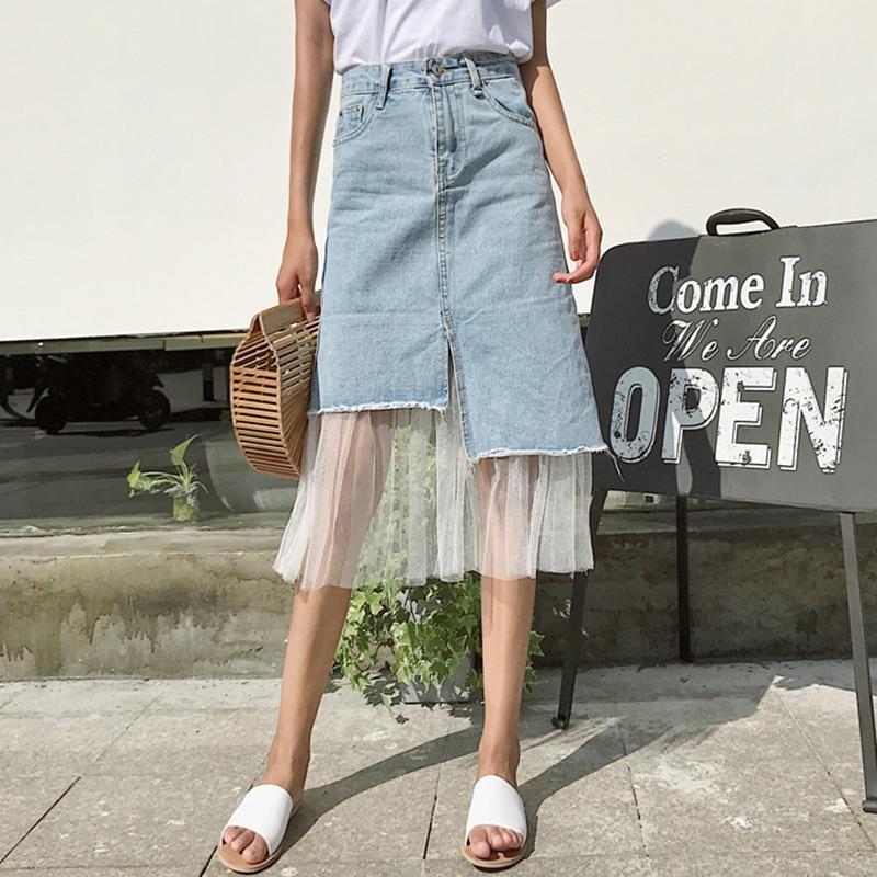 Women Summer Denim Stitching Mesh Tassel Irregular Mid-length Skirt Vintage Elegant Slim Streetwear A-line Casual Skirt