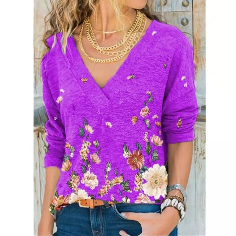 Women's Clothing Autumn and Winter Fashion Ladies V-neck Flower Print Long-sleeved Casual Loose T-shirt Plus Size