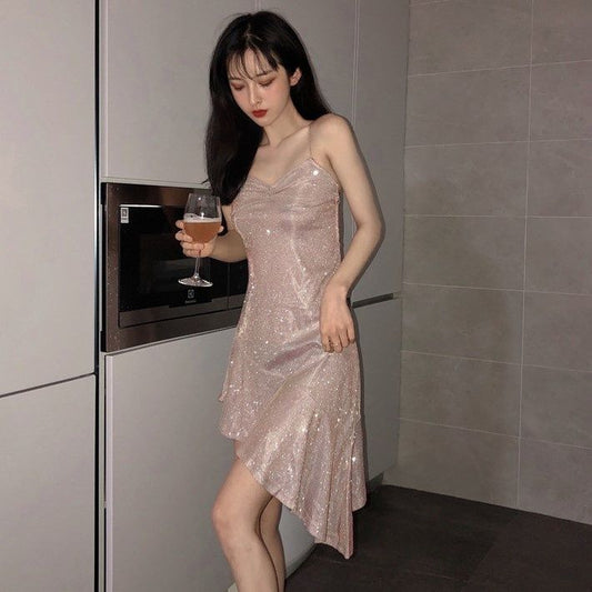 Female V-neck Open Back Sleeveless Glittering Irregular Ruffle Suspender Graceful Party Dress