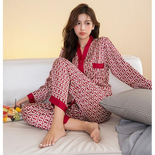Women's Spring Autumn Red Pajamas Set Silk Long-sleeved V-neck Shirt Pants Two-piece Set Out Wear Large Size Loose Thin Homewear Luxurious Nightgowns