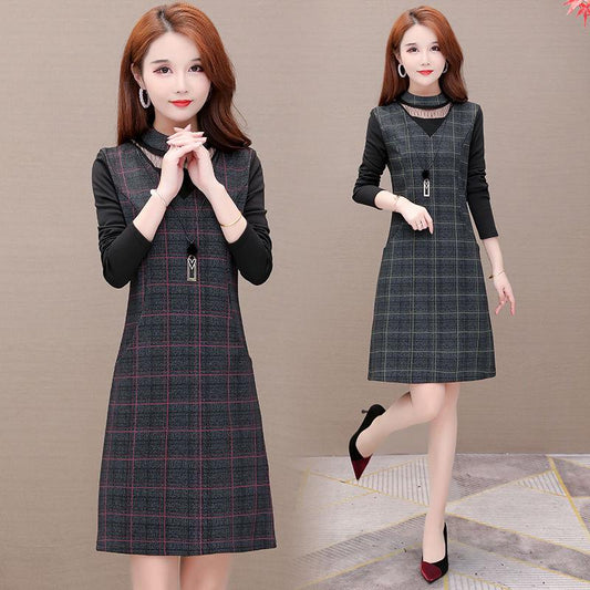 Fashion plaid long-sleeved dress female spring and autumn plus size dress waist was thin skirt