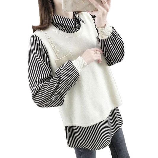 Autumn and Winter Shirt Collar Fake Two-piece Sweater Women All-match Bottoming Knitwear Top