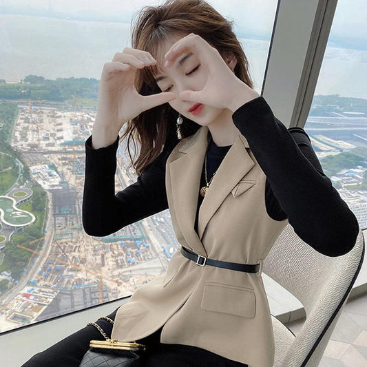Spring and Autumn New Style Temperament Vest Vest Jacket Female Thin Temperament Mid-length Dress Two-piece Lady Elegant Style