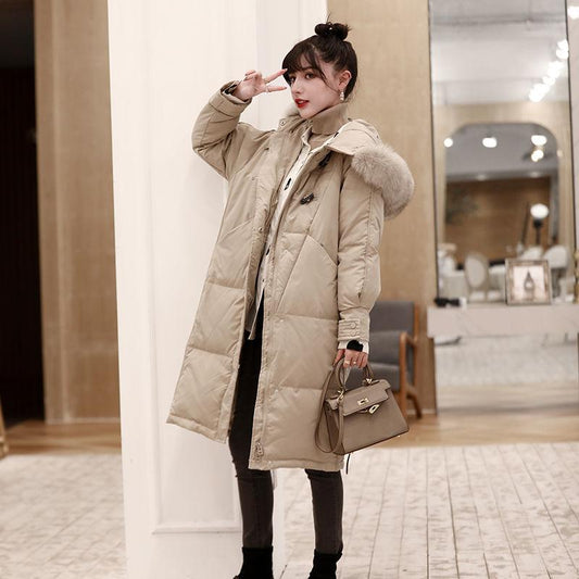 White Duck Down Jacket Women's Mid-length Winter Ins Tide Korean Version of Loose Thick Warm Hooded Big Fur Collar Jacket