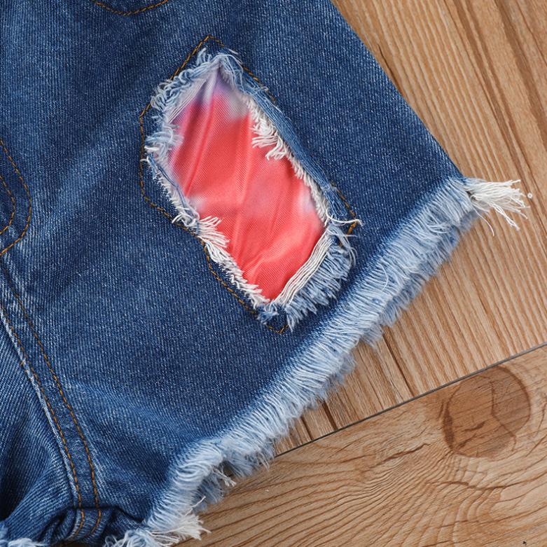 Summer Girls' Hole Shorts One Shoulder Top Denim Shorts Set Three Piece Children's Denim Shorts Suit