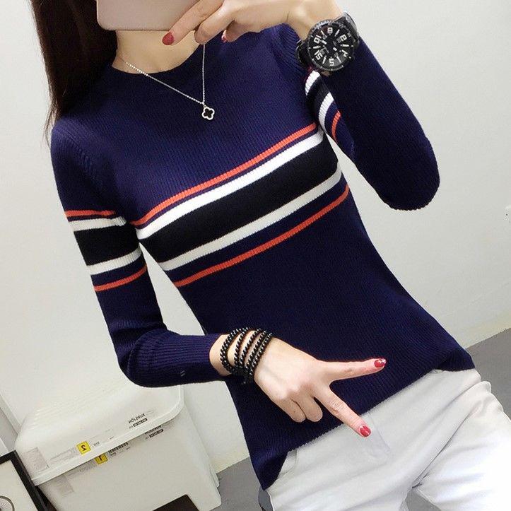 Striped bottoming shirt long-sleeved sweater sweater women's autumn round neck sleeve fashion