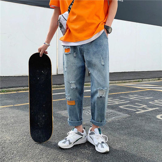 Ripped Loose Jeans Men's Fashion Nine-point Pants All-match Net Red Straight-leg Pants