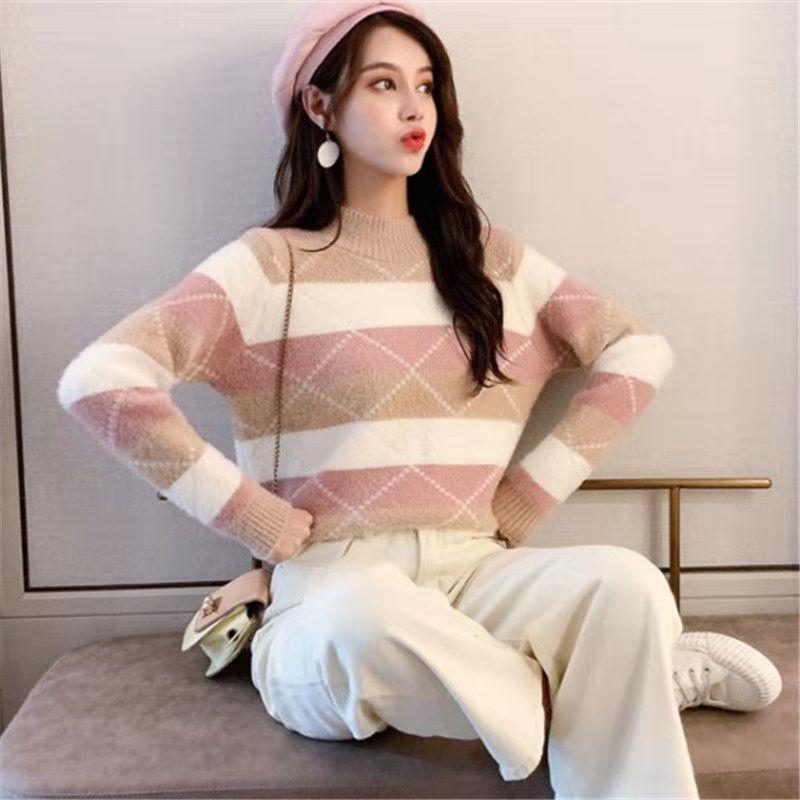 Non-shedding Semi-turtleneck Sweater To Keep Warm and Color Matching Mink Fleece Long-sleeved Knitted Bottoming Shirt
