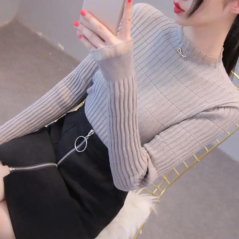 Autumn and Winter Lotus Leaf Collar Long-sleeved Sweater Women's Self-cultivation Bottoming Shirt with Net Gauze and Wood Ears