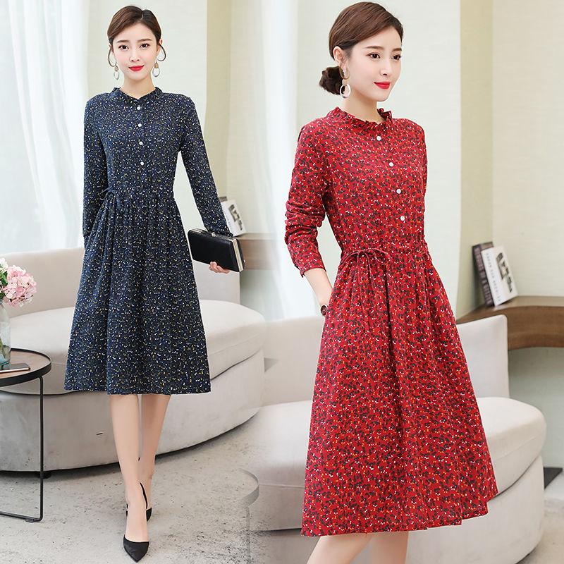 Floral cotton and linen retro printed long-sleeved dress women's ethnic skirt loose loose
