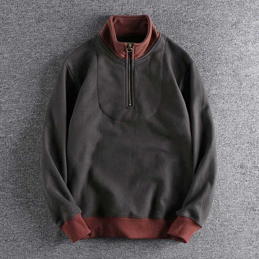 Men's Solid Color Half-Zip Stand Collar Large Size Casual All-match Sweater Loose Long Sleeve Pullover Top