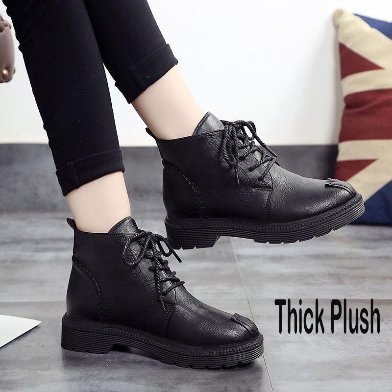 Pair of Women Shoes Pu Leather Flats Shoes Casual Shoes Autumn Winter Short Boots Lace Up Sneaker
