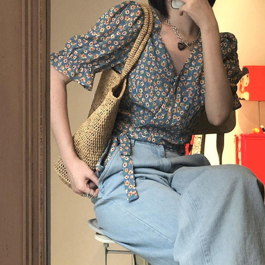 Puff Sleeve Floral Short-sleeved Chiffon Shirt Women's Summer Korean Design High-waist Short Top