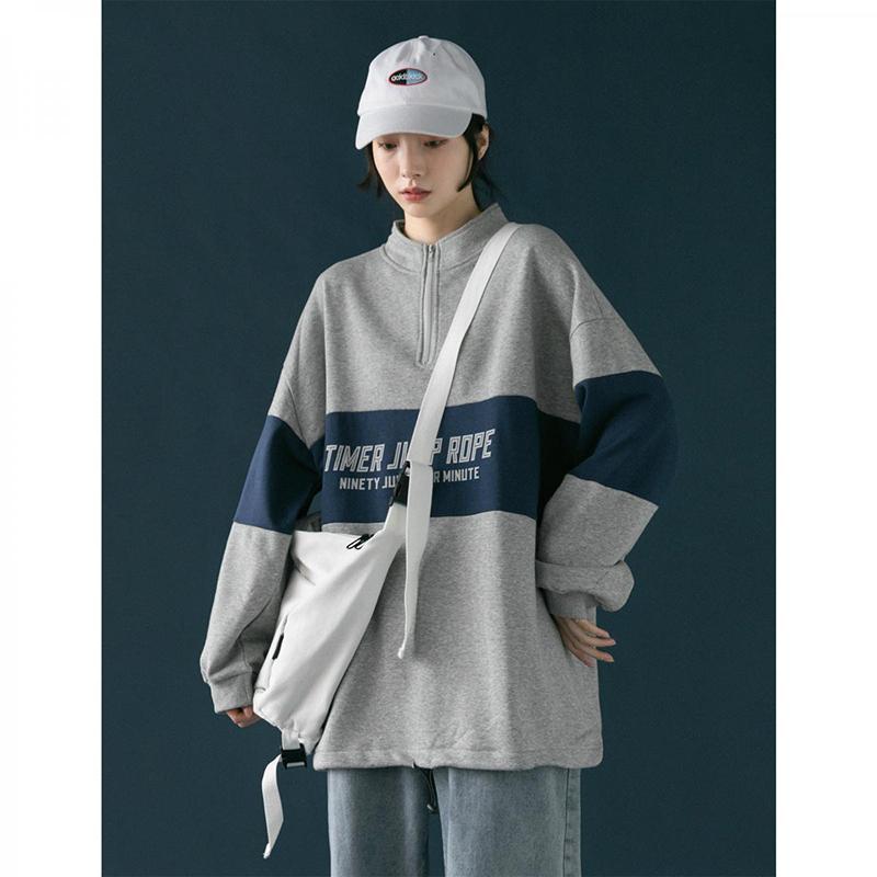 Half Zipper High Neck Sweater Women Autumn Vintage Sports Style Korean Loose Pullover Coat