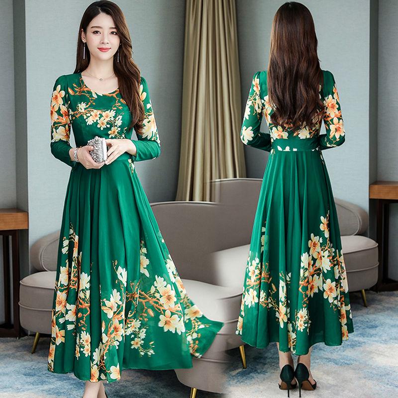 Spring and autumn women's wear large size chiffon dress waist was thin over the knee long skirt