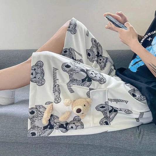 Men's Summer Wear Breathable Casual Pants Men's Design Pocket Cute Bear Print Five-point Overalls Shorts