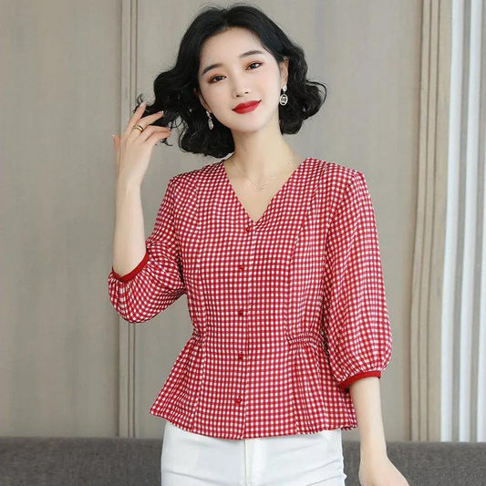 Women's Waist Short Sleeve T-Shirt Summer V-Neck Loose Print Short Top