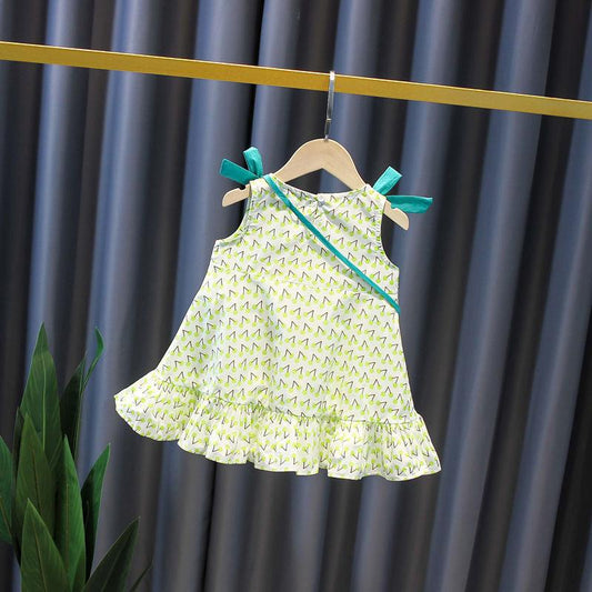 Children Dress Girls' Summer Thin Drawstring Dress Floral Printing Sleeveless Bow Ruffle Princess Dress
