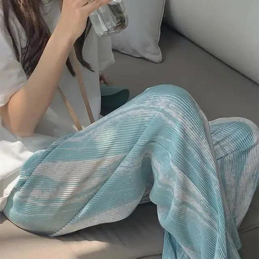 Tie-dye Print Wide-leg Pants Women's Summer Loose Straight Thin Casual Trousers High Waist Slim Drape Pants