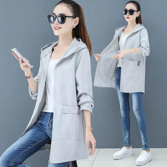 Spring and Autumn Windbreaker Hooded Jacket Loose Casual Mid-length Temperament All-match Jacket Women