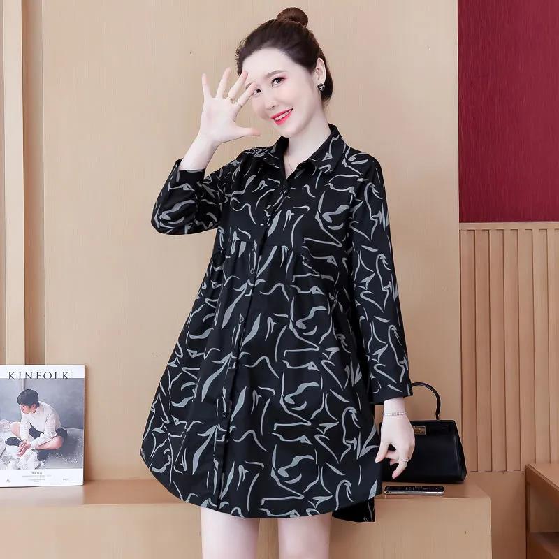 Shirt Women's Spring and Autumn Large Size Loose Fashion Temperament Printing Cover Belly Fat Woman Mid-length Shirt