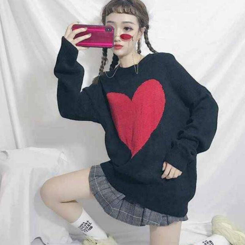 Pofulove women loose wear New age chic heart-shaped lazy wind sweater wild student wool sweater