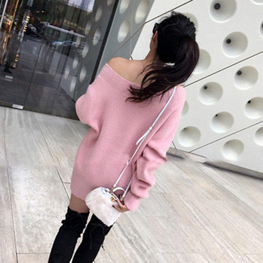 Women sexy Off-shoulder Sweaters Autumn Winter Mid-length Loose Knitted pullover Sweater Dress