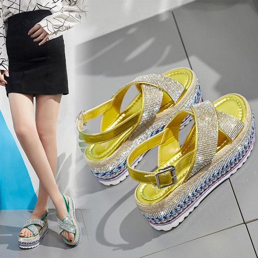 2020 Spring and Summer Trend Wind Fork Open Toe Wild Rhinestone Thick Bottom Muffin Women Sandals Women Shoes