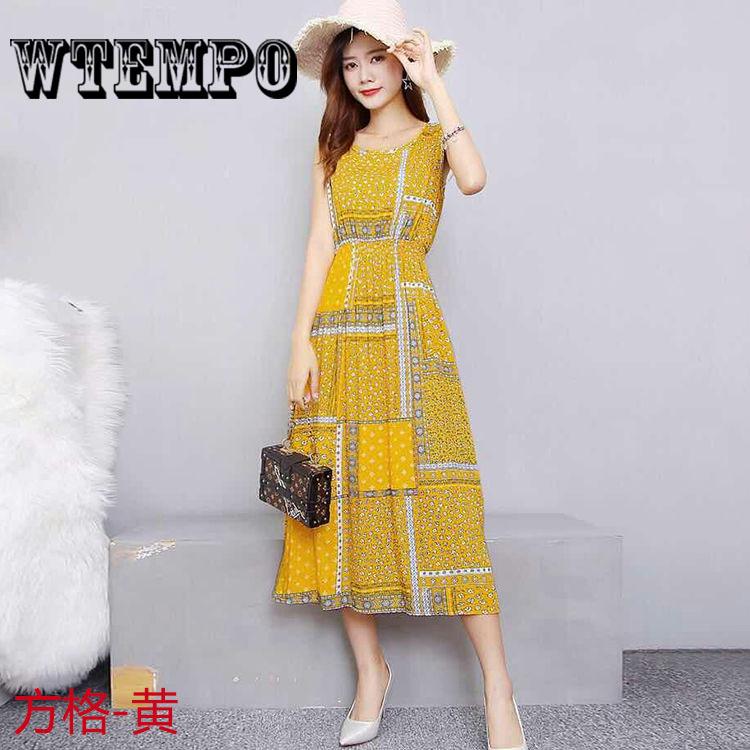 WTEMPO Brand Summer Women Bohemian Floral Print Short Sleeve Big Swing Long Dress