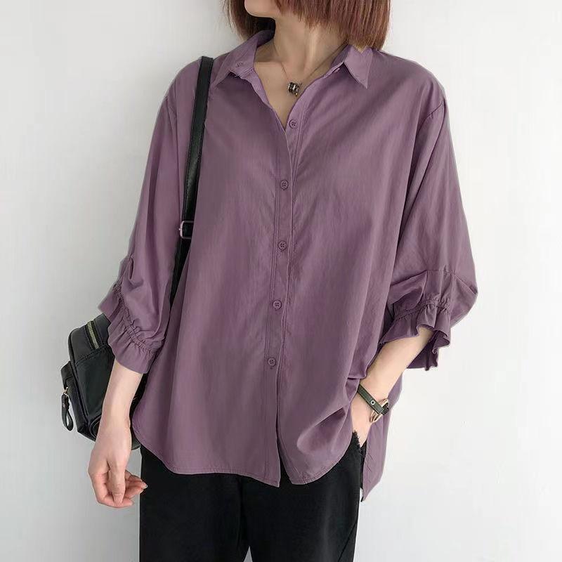 Cotton Lantern Sleeve Shirt Women's Summer Loose Large Size Thin Three-quarter Sleeve Blouses