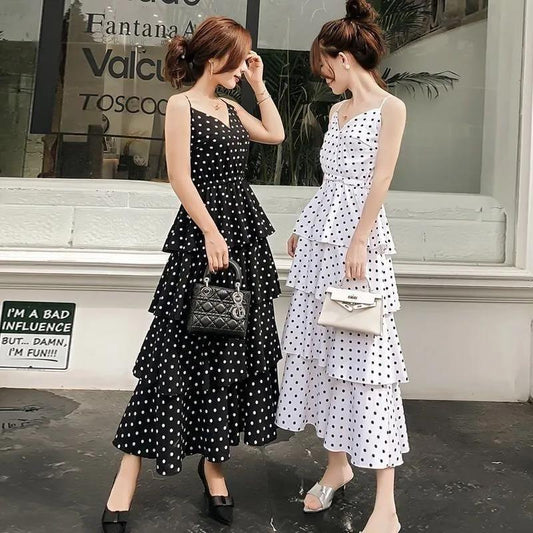 Women Summer Vintage Sleeveless Long Party Dress Elegant Slim Backless Dot Printed V-neck Cake Casual Dress