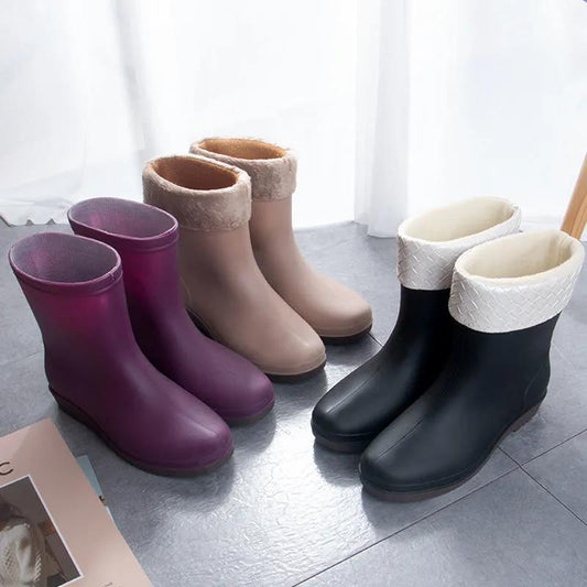 Female Autumn and Winter Rain Boots Adult Mid-tube Rain Boots Rubber Shoes Non-slip Plus Velvet Cotton Warm Waterproof Shoes